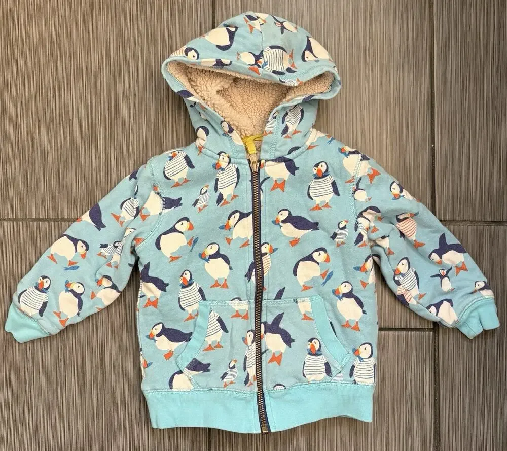 Boden Shaggy-Lined Interest Hoodie Full Zip Jacket Toddler 2/3 Penguins Sherpa